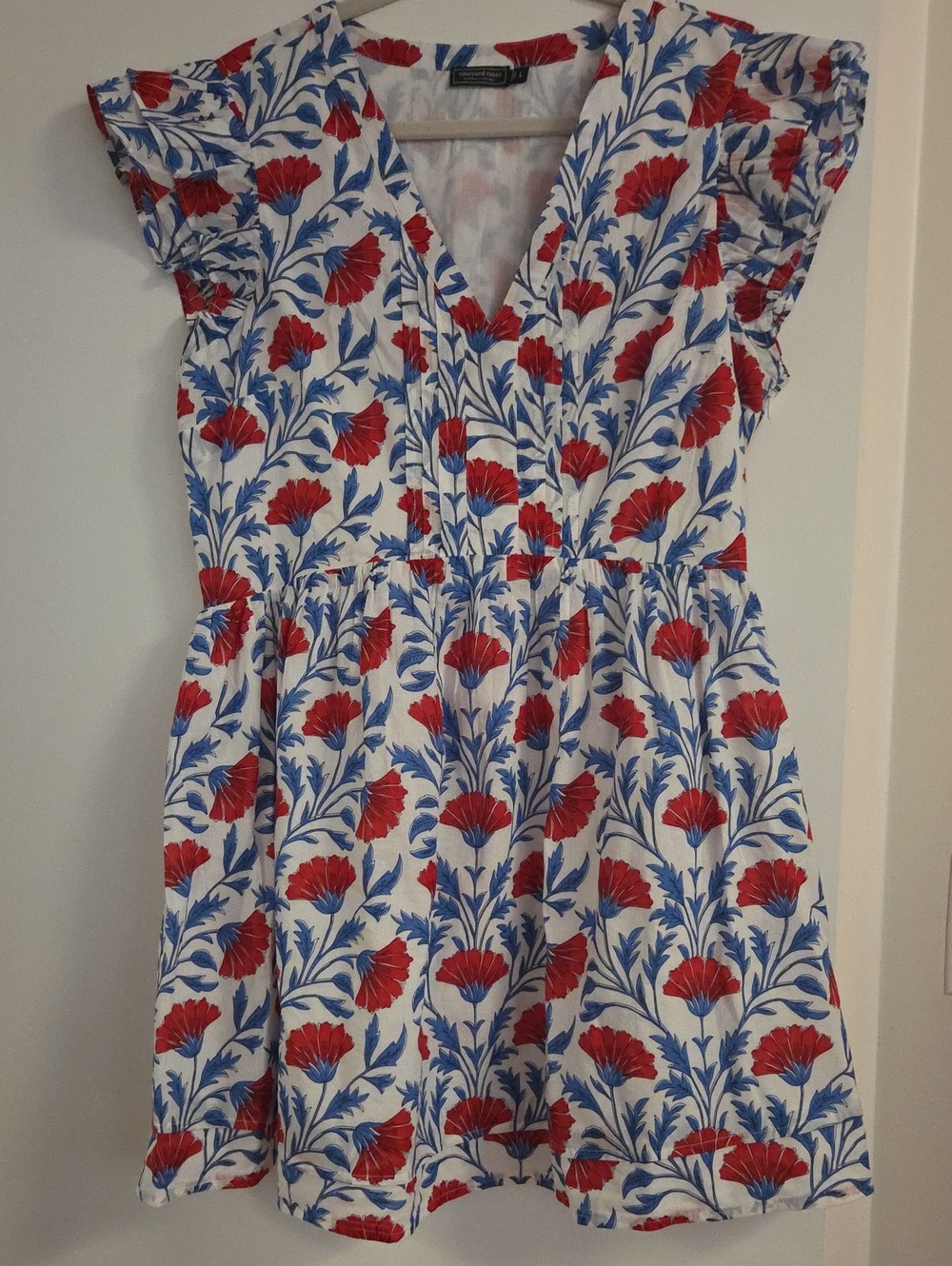 Vineyard Vines White Floral Dress with Red & Blue Print